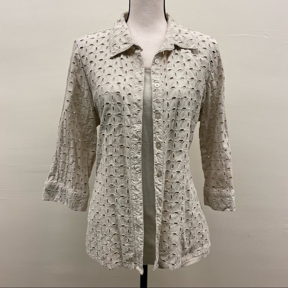 Denim & Co 3/4 Sleeve Eyelet Button Down Shirt & Tank - Picture 1 of 7